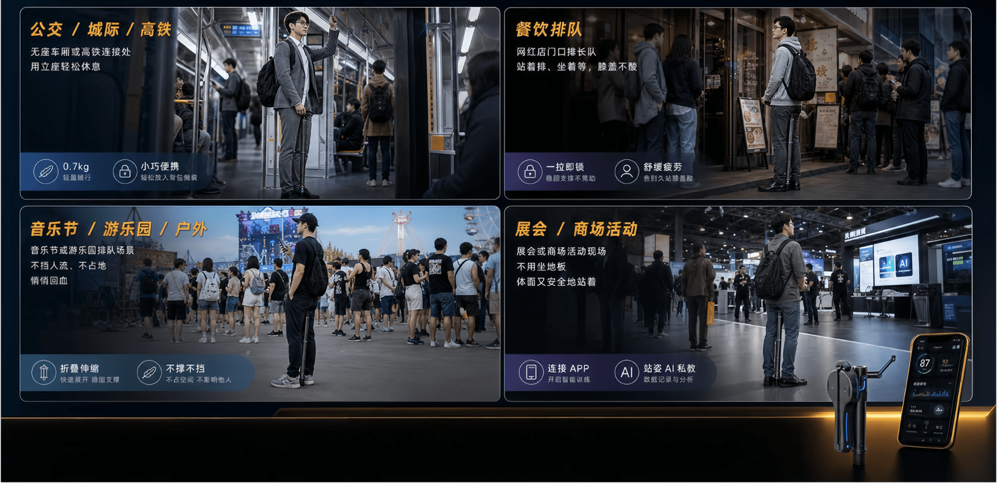 公交、城际、高铁、餐饮排队、音乐节、游乐园、户外、展会和商场活动场景展示